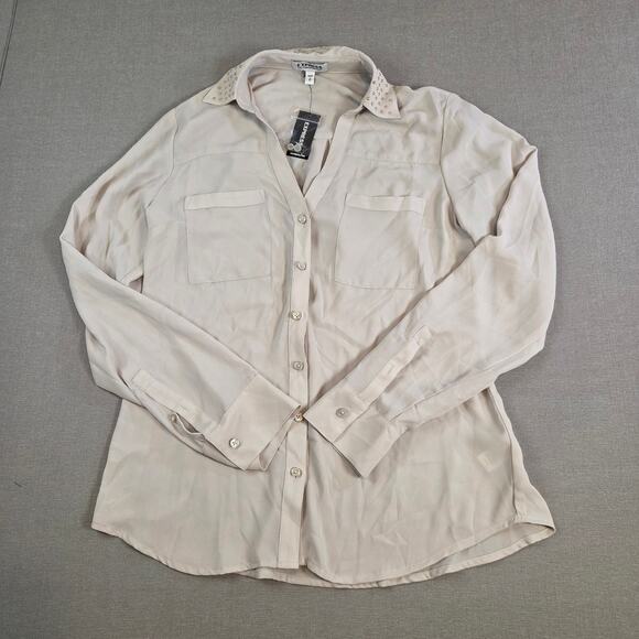 Express Portofino Blouse Women’s Beige Button Front Shirt Size S NWT - Picture 3 of 16